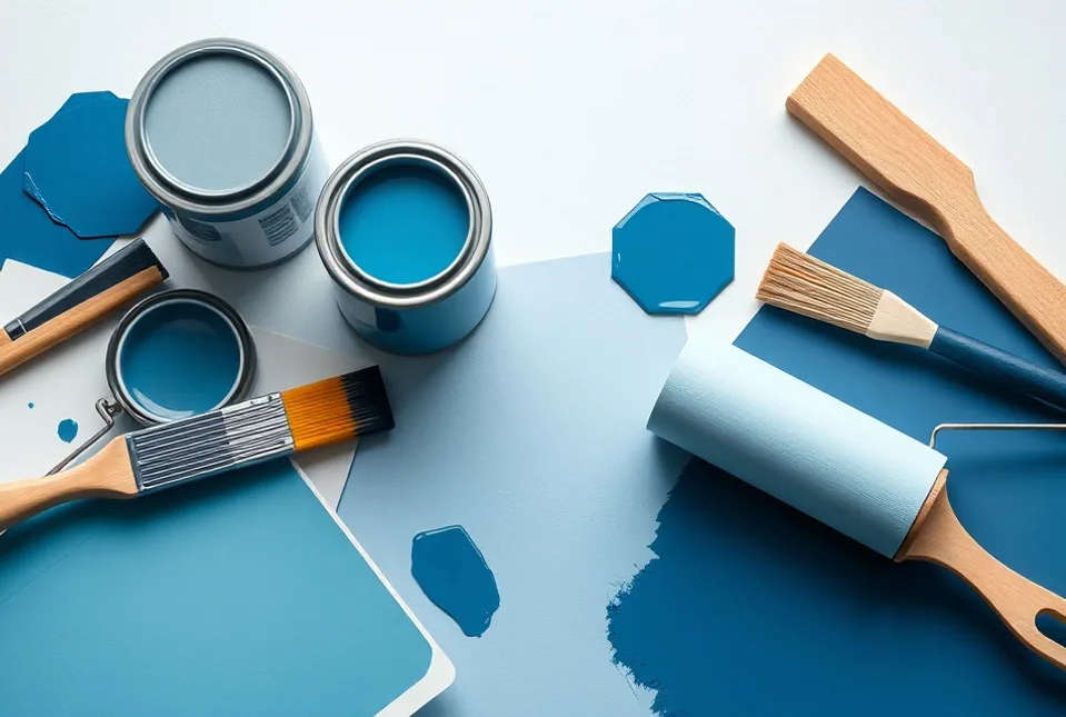 Pots de peinture, nuancier, brosses et rouleaux disposés à plat