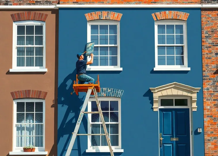 Peintre sur échafaudage traitant la façade d'une maison